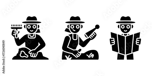 Vector icons of archaeologists performing various tasks: excavating with a brush, analyzing an artifact, and reading a map.
