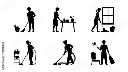 Vector icons of people doing household chores like sweeping, vacuuming, window cleaning, organizing and dusting
