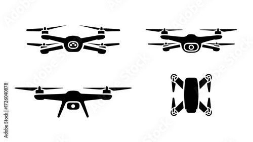Vector icons set with drone silhouettes in various positions including quadcopters with cameras and aerial technology elements
