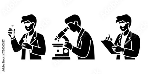Vector icons set with male scientist analyzing test tubes, using microscope and writing laboratory notes
