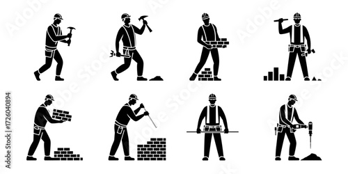 Vector icons set with construction workers performing tasks like hammering, bricklaying, measuring and using power tools
