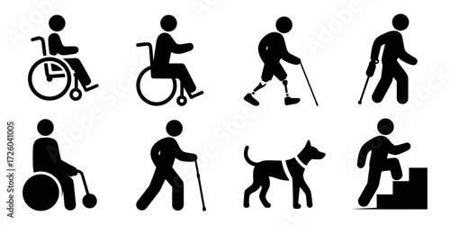 Vector icons set representing accessibility and disability including wheelchair users, prosthetic leg, walking cane, guide dog and stairs assistance
