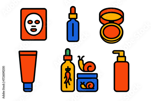 K-Beauty Icons. Flat vector icons of K-beauty routine: sheet mask pack, essence ampoule, cushion compact; jelly cleanser tube,