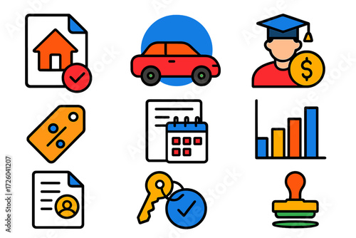 Bold Loan Icons. Flat vector icons of loan services: mortgage document, car loan, student loan; interest rate tag, repayment
