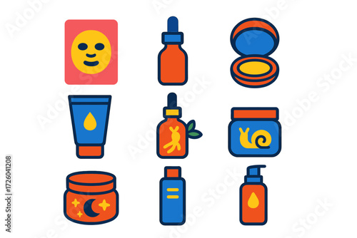 K-Beauty Icons. Flat vector icons of K-beauty routine: sheet mask pack, essence ampoule, cushion compact; jelly cleanser tube,