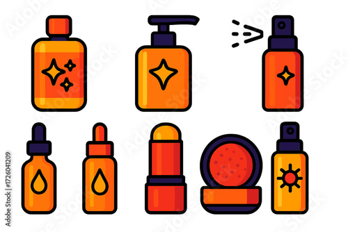 Body Shimmer Icons. Flat vector icons of body shimmer & glow: body oil bottle, shimmer lotion pump, bronzing mist; glow drops vial