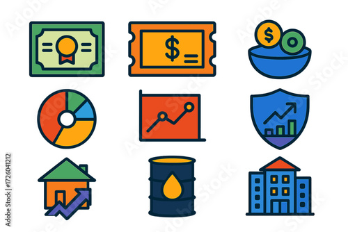 Investment Icons Set. Flat vector icons of investment vehicles: stock certificate, bond coupon, mutual fund; ETF pie, index fund