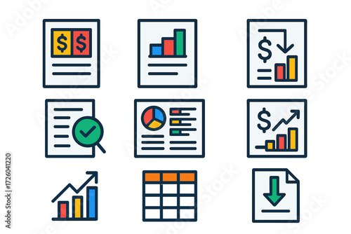 Bold Financial Icons. Flat vector icons of financial reporting: balance sheet, income statement, cash flow; audit report, KPI