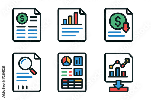 Bold Financial Icons. Flat vector icons of financial reporting: balance sheet, income statement, cash flow; audit report, KPI