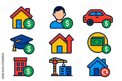 Colorful Loan Icons. Flat vector icons of loan products: mortgage loan, personal loan, auto loan; student loan, home equity loan,