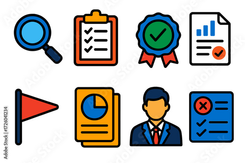 Audit Icons Set. Flat vector icons of audit & assurance: magnifying glass, checklist, compliance seal; audit report, discrepancy