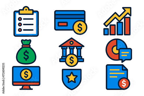 Bank Revenue Icons. Flat vector icons of bank revenue streams: fee schedule, interchange fee, interest margin; non-interest income