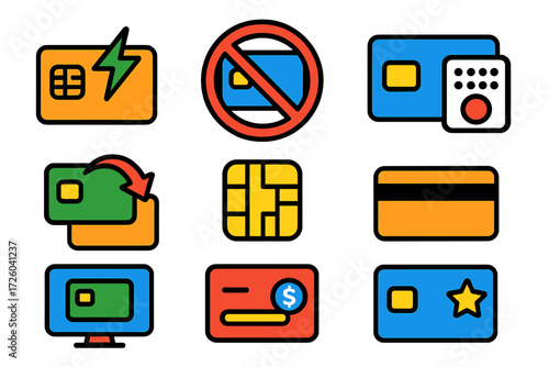Card Management Icons. Flat vector icons of card management: card activation, card block, PIN change; card replacement, EMV chip,