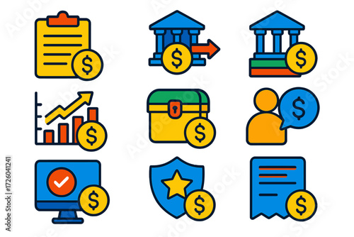 Bank Revenue Icons. Flat vector icons of bank revenue streams: fee schedule, interchange fee, interest margin; non-interest income