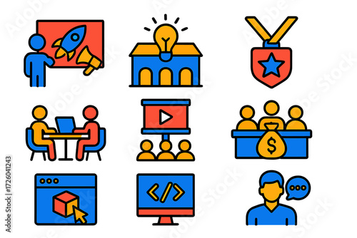 Fintech Collaboration Icons. Flat vector icons of fintech collaboration: startup pitch, incubator hub, accelerator badge;