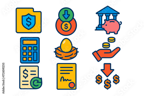 Retirement Investment Icons. Flat vector icons of retirement investing: 401(k) plan, IRA account, pension fund; retirement