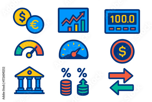 Forex Icon Set. Flat vector icons of forex investing: currency pairs, FX chart, pip counter; spread meter, leverage gauge, swap