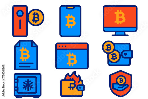 Crypto Wallet Icons. Flat vector icons of crypto wallets: hardware wallet, mobile wallet, desktop wallet, paper wallet, web wallet