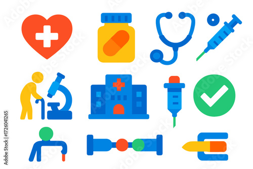 Healthcare Investment Icons. Flat vector icons of sector investing healthcare: healthcare icon, pill bottle, stethoscope; biotech