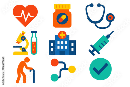 Healthcare Investment Icons. Flat vector icons of sector investing healthcare: healthcare icon, pill bottle, stethoscope; biotech