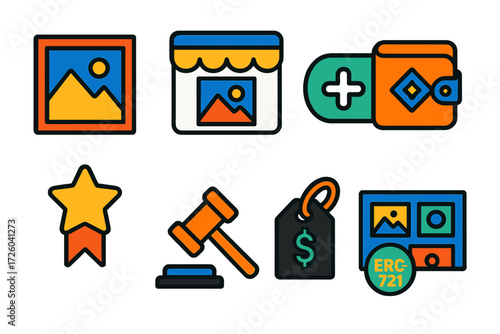 NFT Ecosystem Icons. Flat vector icons of NFT ecosystem: digital art token, NFT marketplace, mint button, NFT wallet, rarity badge