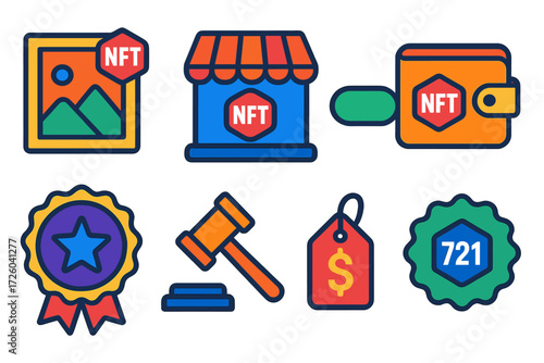 NFT Ecosystem Icons. Flat vector icons of NFT ecosystem: digital art token, NFT marketplace, mint button, NFT wallet, rarity badge