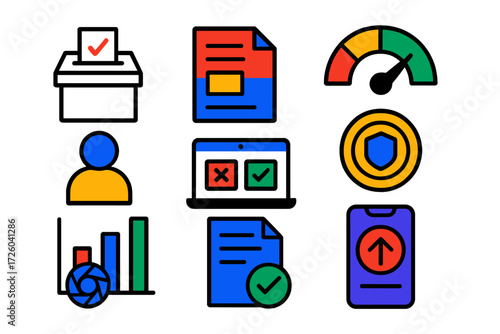 Minimal Governance Icons. Flat vector icons of governance frameworks: vote ballot, proposal doc, quorum gauge, delegate avatar,
