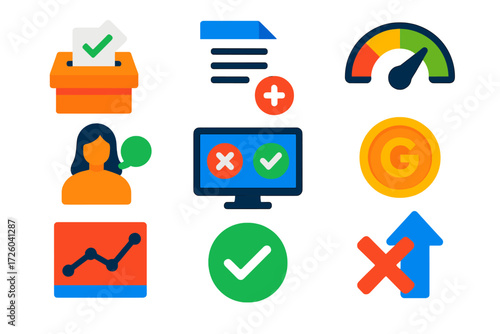 Minimal Governance Icons. Flat vector icons of governance frameworks: vote ballot, proposal doc, quorum gauge, delegate avatar,