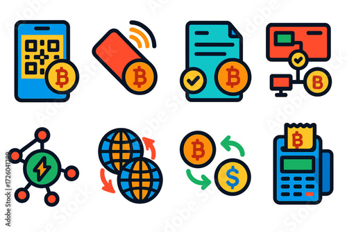Crypto Payment Icons. Flat vector icons of crypto payment: QR code pay, NFC tap-to-pay, invoice invoice, payment channel,