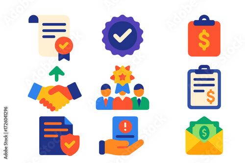 Surety Bonds Icons. Flat vector icons of surety bonds: bond scroll, guarantor seal, premium tag; performance bond, payment bond,