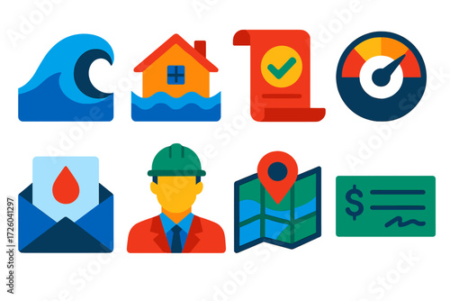 Flood Insurance Icons. Flat vector icons of flood insurance: flood wave, waterline on house, policy scroll; premium meter, claim
