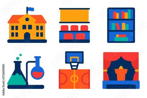 Educational Architecture Icons. Flat vector icons of educational architecture: school building, lecture hall, library section;