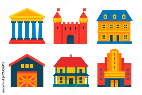 Historical Landmark Icons. Flat vector icons of historical landmarks: ancient temple, medieval castle, renaissance palace;