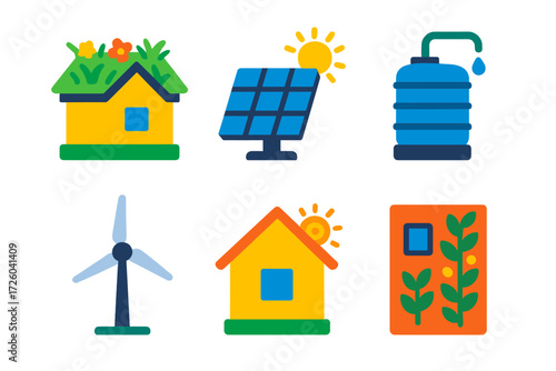 Sustainable Design Icons. Flat vector icons of sustainable design: green roof, solar panel, rainwater tank; wind turbine, passive