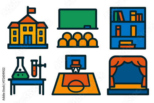 Educational Architecture Icons. Flat vector icons of educational architecture: school building, lecture hall, library section;