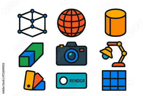 3D Modeling Icons. Flat vector icons of 3D modeling: cube wireframe, sphere mesh, cylinder extrude; bevel edge, camera view,