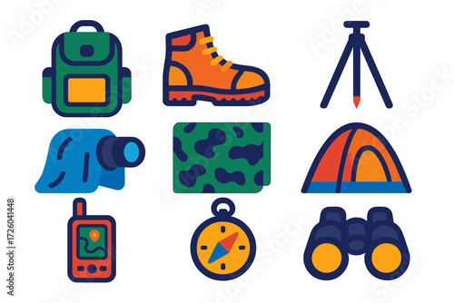 Outdoor Photography Icons. Flat vector icons of outdoor photography: camera backpack, hiking boots, tripod spike, weather cover,
