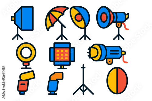 Lighting Equipment Icons. Flat vector icons of lighting equipment: softbox, umbrella reflector, beauty dish, ring light, LED panel