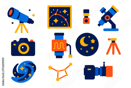 Astrophotography Icon Set. Flat vector icons of astrophotography: telescope, star chart, equatorial mount, astro camera, lens