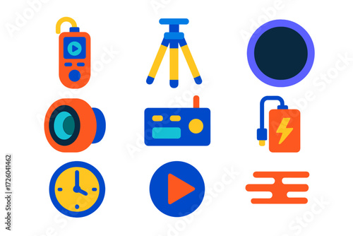 Time-Lapse Icon Set. Flat vector icons of time-lapse photography: intervalometer, tripod, neutral density filter, wide-angle lens,