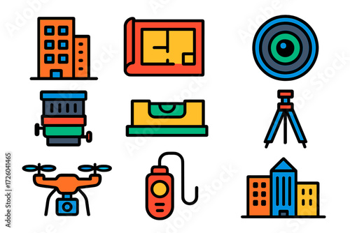 Architectural Photography Icons. Flat vector icons of architectural photography: building outline, architectural blueprint,