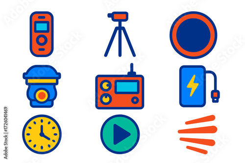 Time-Lapse Icon Set. Flat vector icons of time-lapse photography: intervalometer, tripod, neutral density filter, wide-angle lens,