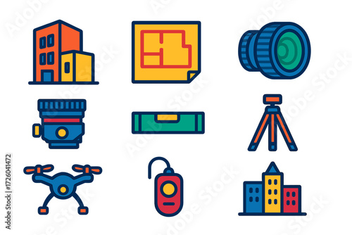 Architectural Photography Icons. Flat vector icons of architectural photography: building outline, architectural blueprint,