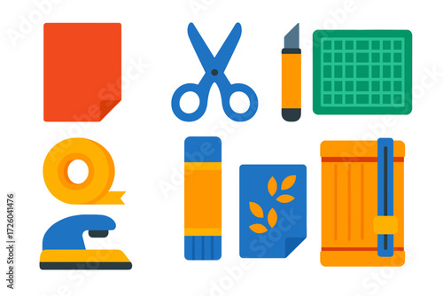 Colorful Craft Tools Icons. Flat vector icons of paper crafting supplies: cardstock sheet, scissors, craft knife, adhesive tape,