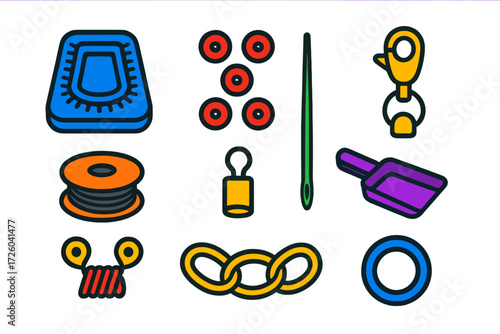 Beading Tools Icons. Flat vector icons of beading materials: bead tray, seed beads, crimp clasp, beading wire, beading needle,