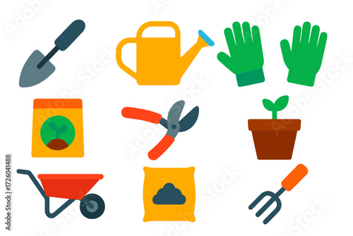 Garden Project Icons. Flat vector icons of garden projects: trowel, watering can, gardening gloves, seed packet, pruning shears,