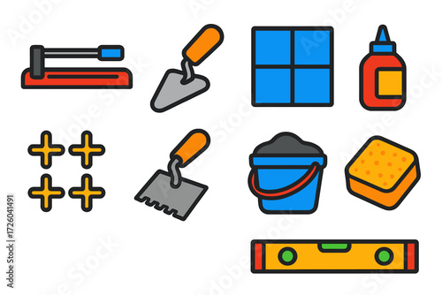 Bold Mosaic Tile Icons. Flat vector icons of mosaic tiling: tile cutter, trowel, tile, grout, spacers, tile adhesive, bucket,
