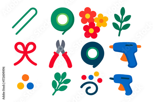 Flower Crown Icons. Flat vector icons of flower crown making: floral wire, tape, faux blooms, greenery sprig, ribbon, wire cutter,