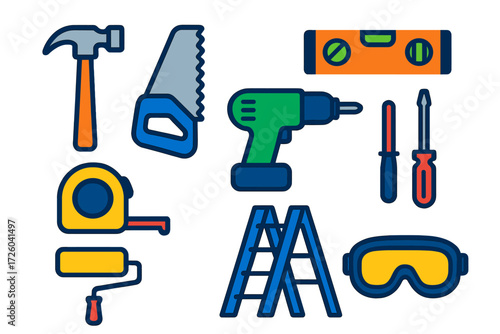 Home Renovation Icons. Flat vector icons of home renovation: hammer, saw, spirit level, tape measure, power drill, screwdriver,