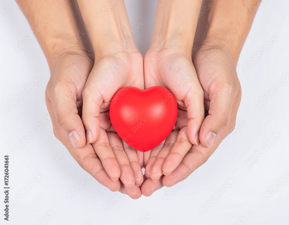 Obraz premium Caring Hands Embrace a Vibrant Red Heart, Symbolizing Love and Wellness